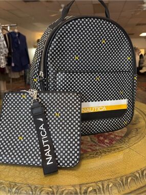 Nautica Black & White Geometric Backpack with Yellow Accent Wristlet